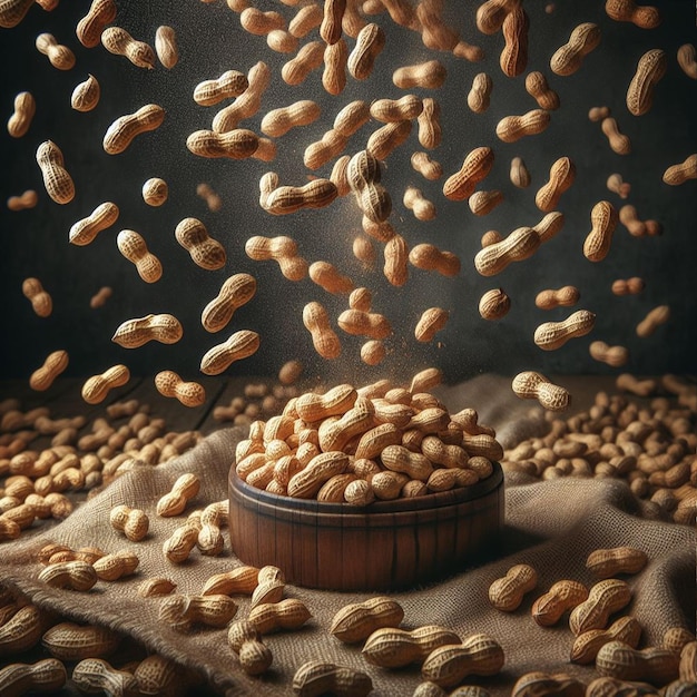 Flying peanuts in a wooden bowl on a rustic wooden background