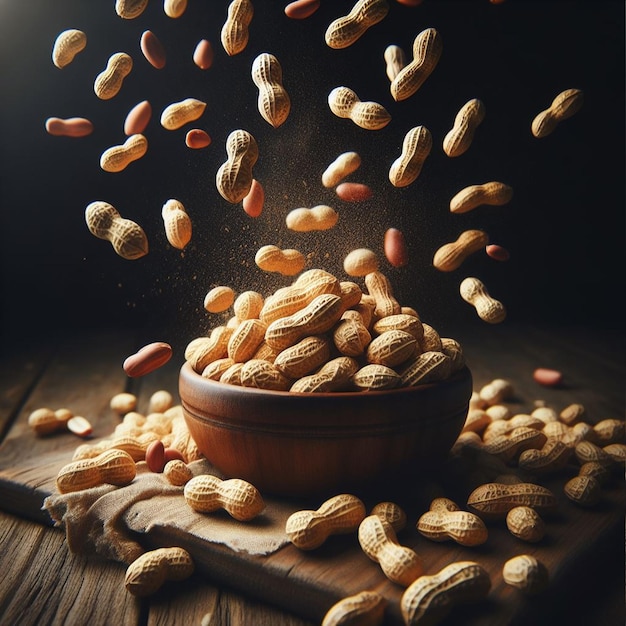 Flying peanuts in a wooden bowl on a rustic wooden background