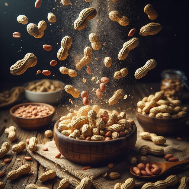 木製の背景に木製の鉢に飛ぶピーナッツ