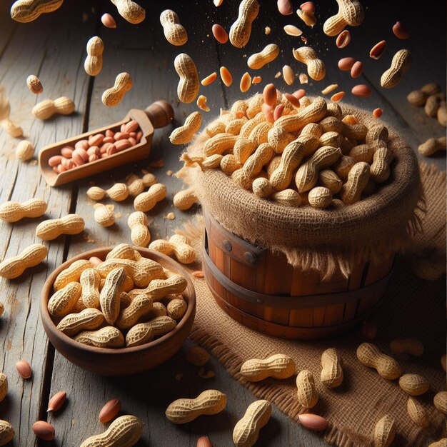 Photo flying peanuts in a wooden bowl on a rustic wooden background