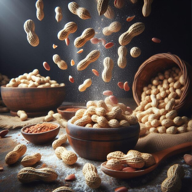 Photo flying peanuts in a wooden bowl on a rustic wooden background