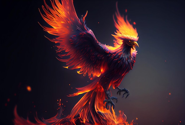 Flying phoenix on fire on dark background