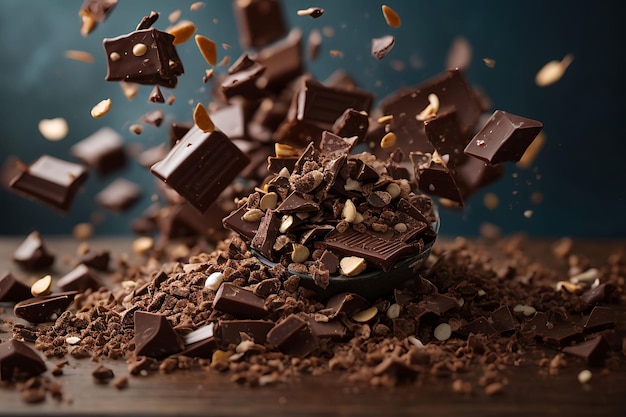 Flying pieces of crushed chocolate pieces delicious fresh dark brown chocolate fragments