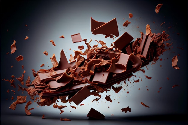 Flying pieces of Crushed chocolate pieces with liquide chocolate Valentine's Day ai generated art