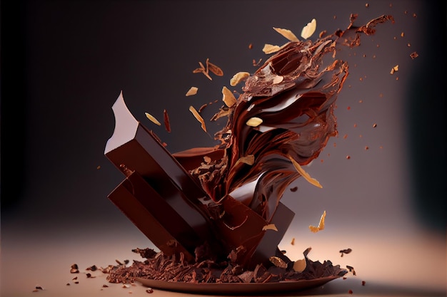 Flying pieces of Crushed chocolate pieces with liquide chocolate Valentine's Day ai generated art