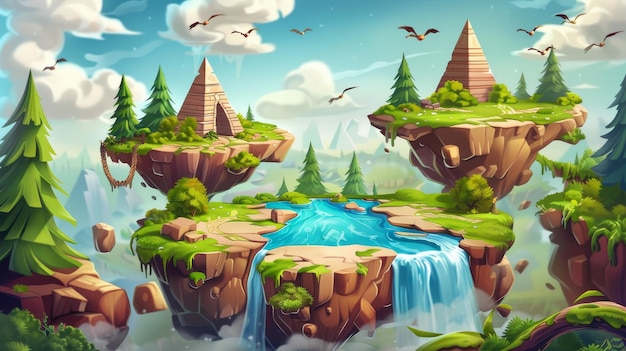 Flying pieces of ground with flying pieces of ground for jumps and levels on floating islands with lakes waterfalls green forests desert surfaces with pyramids and volcano mountains with lava