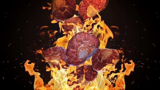 Flying pieces of meat over grill grid 3d rendering