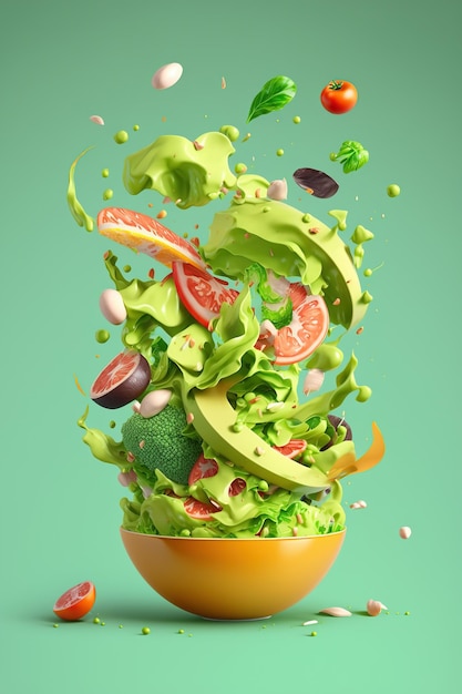 Flying pieces of salad over bowl Levitation