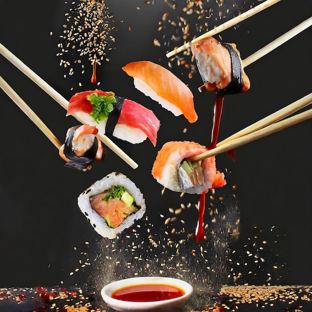 flying pieces of sushi with wooden chopsticks and sauce black background