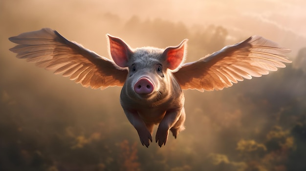 A flying pig with wings flies in the sky