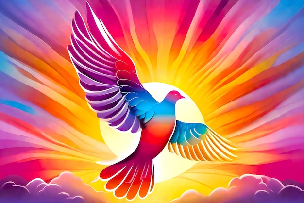A flying pigeon on the background of dawn as a symbol of peace on Earth planet