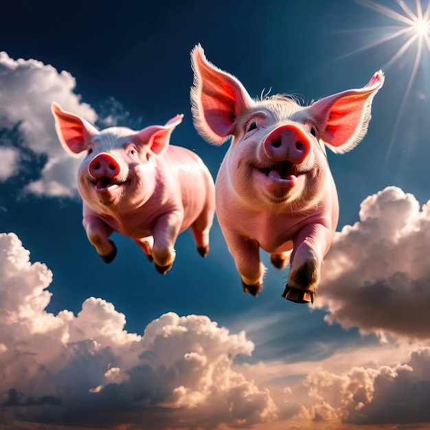 Photo flying pigs with wings in sky with clouds smiling