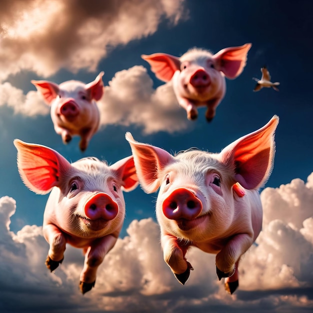 Photo flying pigs with wings in sky with clouds smiling