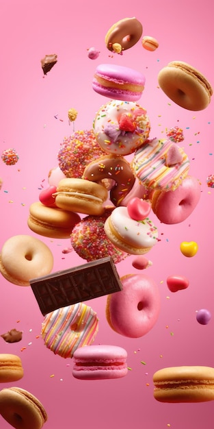 Photo flying pileup of donuts macarons and cupcakes on colorful background