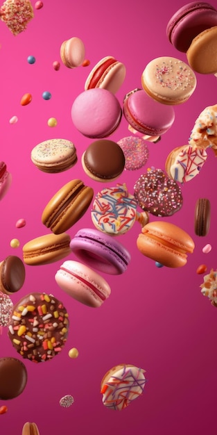 Flying Pileup of Donuts Macarons and Cupcakes on Colorful Background