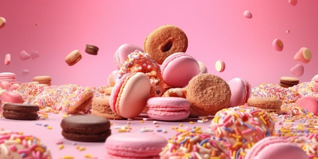 Flying Pileup of Donuts Macarons and Cupcakes on Colorful Background