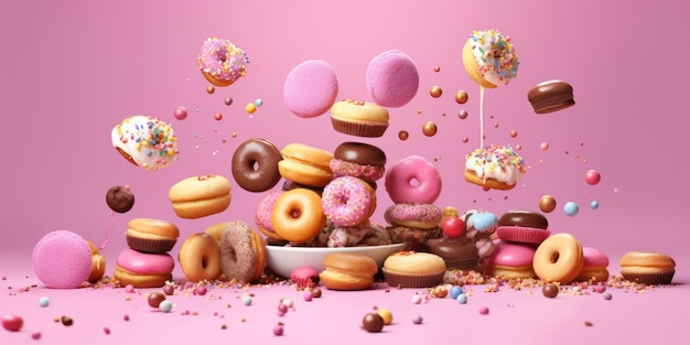 Flying Pileup of Donuts Macarons and Cupcakes on Colorful Background