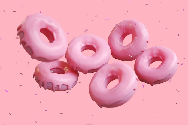 Photo flying pink color doughnuts glazed doughnuts with sprinkles chocolate chips on pink background. 3d