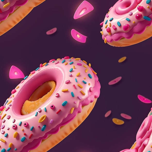 Flying pink donut decorated with colorful sprinkles vibrant illuminated circular ray cyberpunk