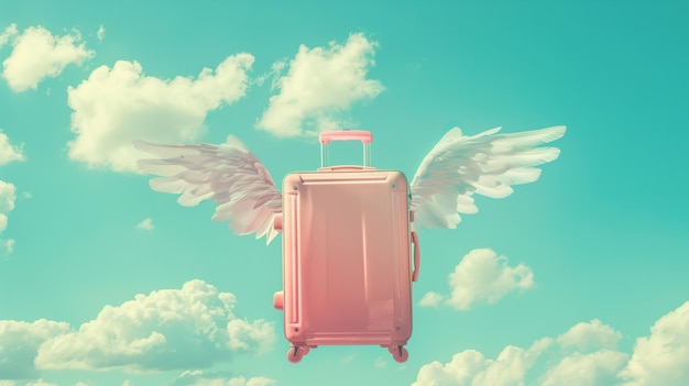 Photo flying pink luggage with wings