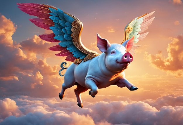 Летающая розовая свинья с крыльями Генеративный ИИ