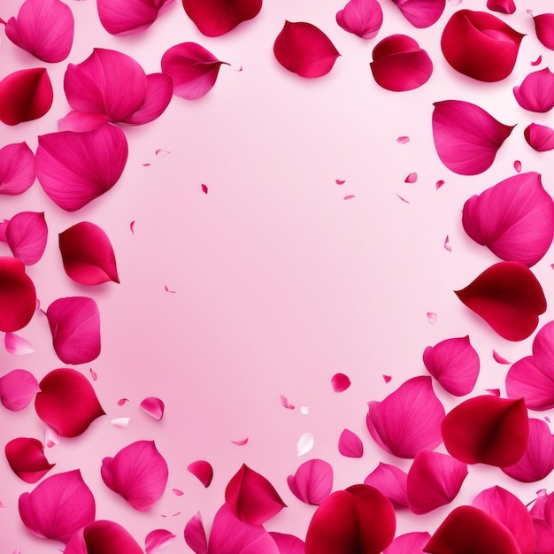 Flying pink rose petals against a pink background