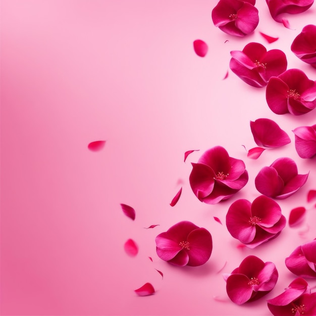 Flying pink rose petals against a pink background