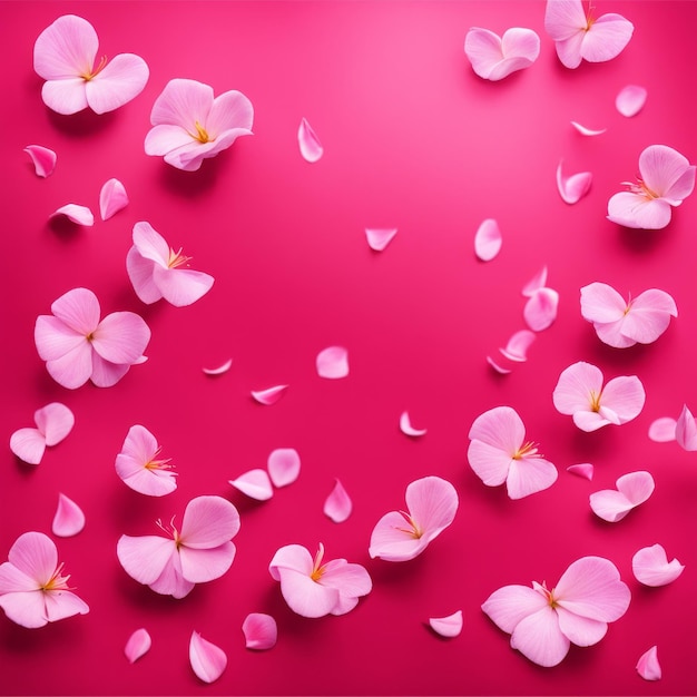 Flying pink rose petals against a pink background