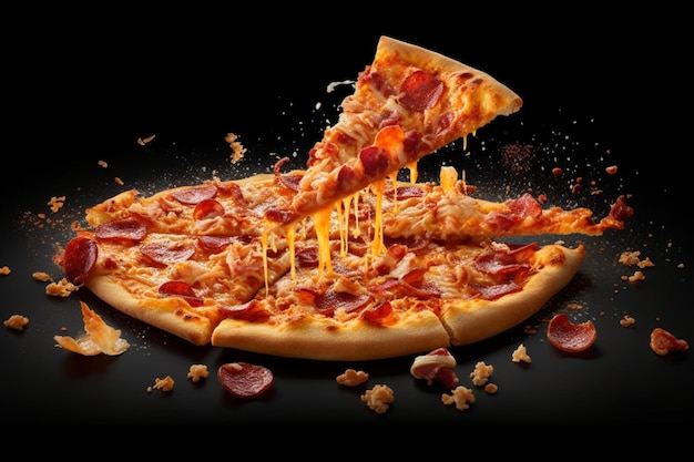 Flying pizza with flying ingredients on background