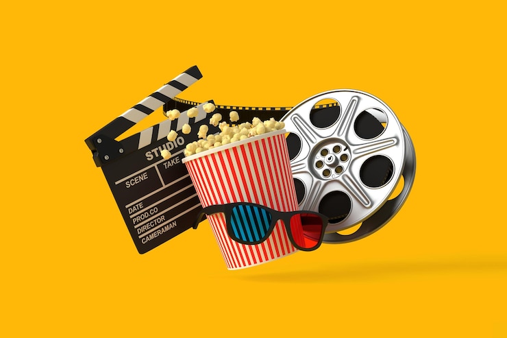 Photo 黄色の背景にポップコーン 3 d メガネ フィルム リールと下見板を飛ぶシネマ映画コンセプト 3d