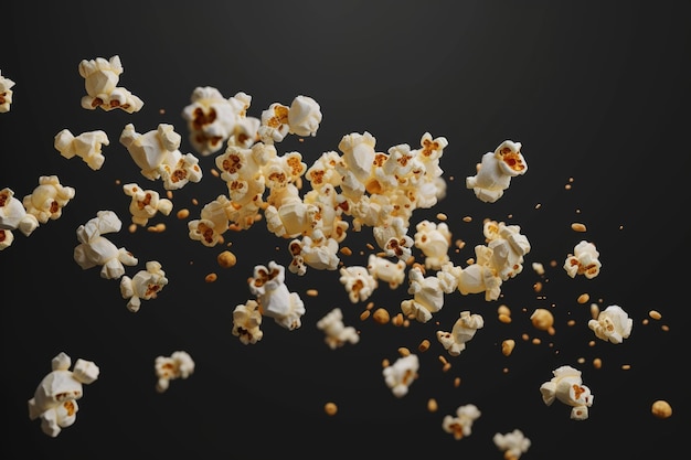 Flying popcorn isolated on black background