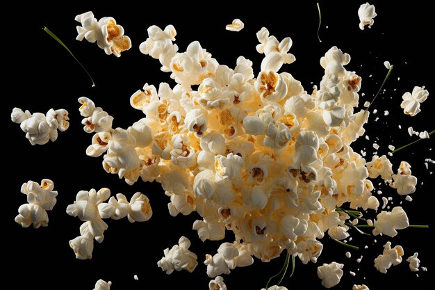 Flying popcorn isolated on black background