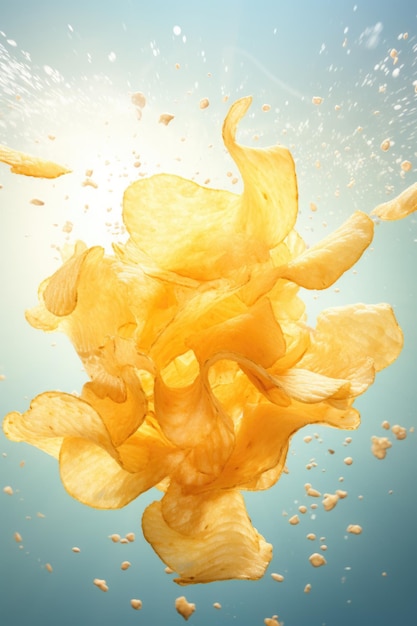 Photo flying potato chips on a blue background with clouds levitation advertising concept