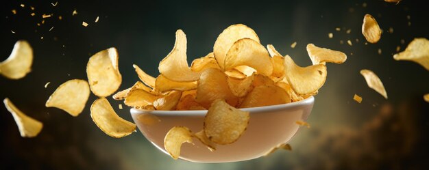 Flying potato chips in a bowl Generative AI