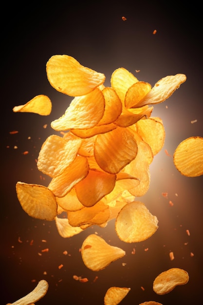 Летающие картофельные чипсы на темном фоне с видами Левитация рекламная концепция