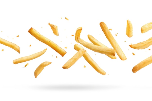 Photo flying potato fries isolated on white background