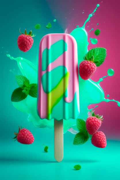 Photo flying raspberry and mint popsicle with topping on a modern backdrop