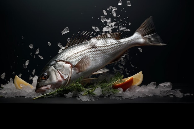 flying raw whole bream fish and prawns