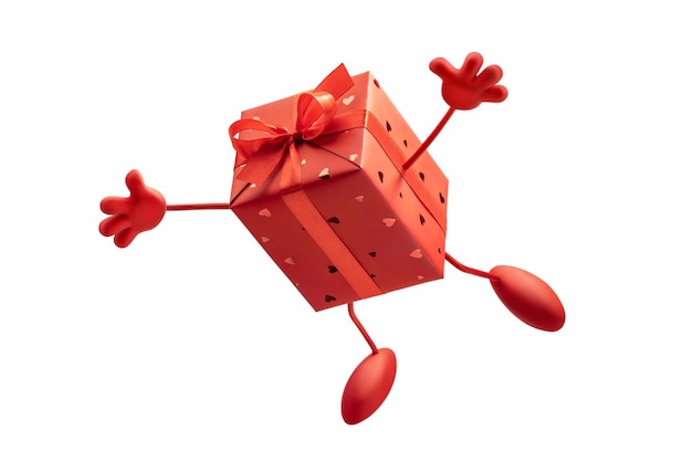 Flying red box on legs with handles Cartoon figure hug Gift in a box Happy Holidays