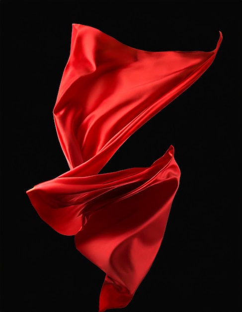 Flying red silk fabric Waving satin cloth isolated on black background