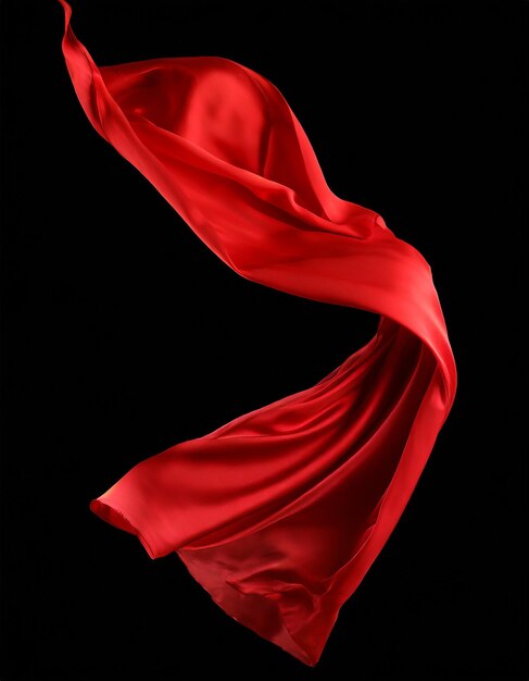 Летящая красная шелковая ткань, размахивающая сатенной тканью, изолированной на черном фоне.