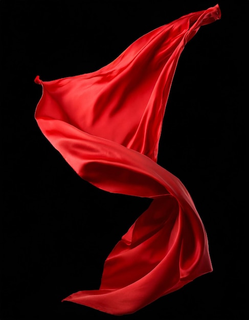 Flying red silk fabric Waving satin cloth isolated on black background