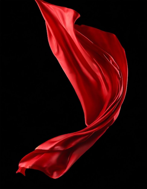 飛行する赤い絹の布 黒い背景に隔離されたサテン布を振る