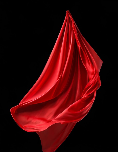 Photo flying red silk fabric waving satin cloth isolated on black background