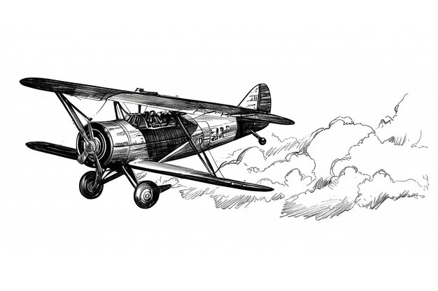 Flying Retro Biplane Ink Black and White Drawing