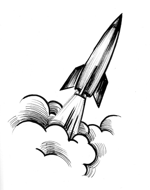 Flying rocket. Ink black and white drawing