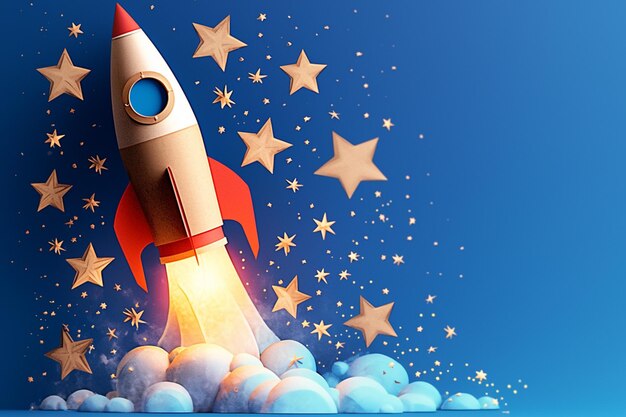 Flying rocket with cardboard and paper stars blue background