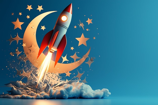 Flying rocket with cardboard and paper stars blue background