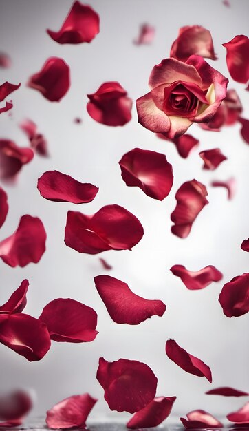 Flying rose petals on white background macro shooting