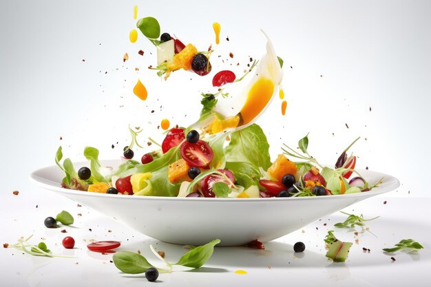 Летающий салат изолированный Падающий салат Ингредиенты на белом фоне Еда Левитация Генеративная ИИ Иллюстрация